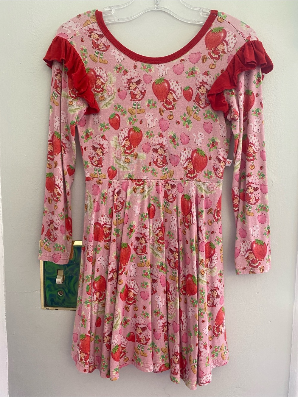 Sweet Pea Pink Strawberry Print Long-Sleeve Dress with Red Ruffle Accents